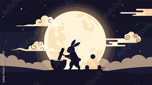 Beautiful landscape silhouette of a rabbit on the moon pounding mochi under a large full moon and cloudy sky.