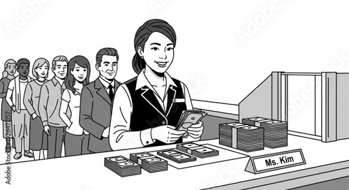 Bank Teller Serving Customers Counter.