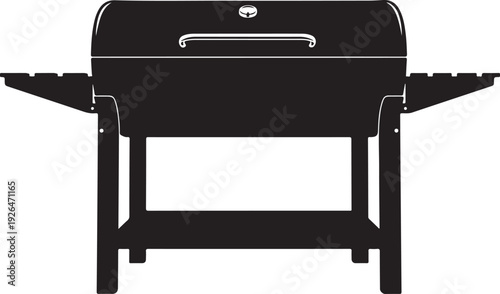 Black barbecue grill with white accents cooking
