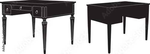 Black and white of two wooden desks table furniture