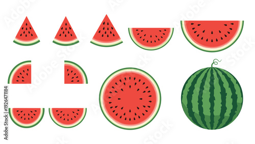Large set of watermelon illustrations including whole fruit, half slices, quarters, and bite-sized triangles.