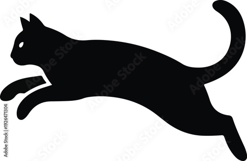 Black cat leaping silhouette in motion on white background