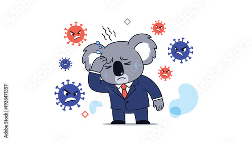 Sick koala character in a suit holding its head in pain with various virus particles and sweat drops around its face.