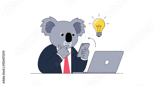 Smart koala in a business suit looking at its smartphone with a bright idea lightbulb appearing above the laptop.