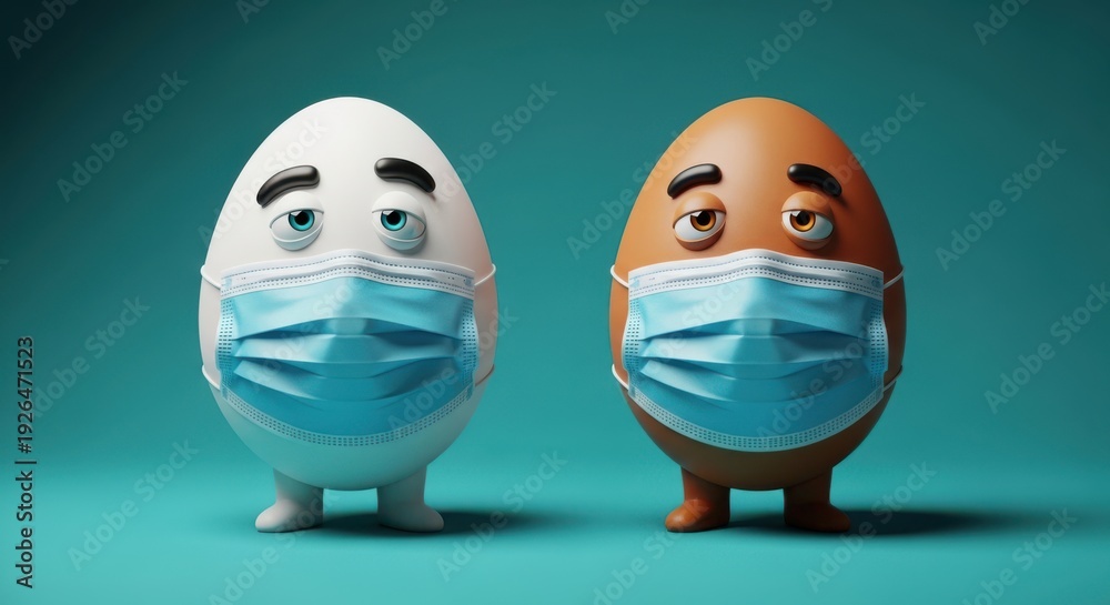 Fototapeta premium Easter eggs wearing face masks on teal background for holiday safety