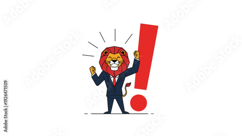 Lion in a business suit celebrating a great success with raised fists next to a large red exclamation mark icon.