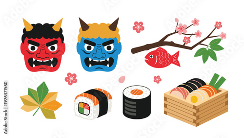 Assorted Japanese cultural items including traditional oni masks, fresh sushi rolls, and cherry blossom branches.