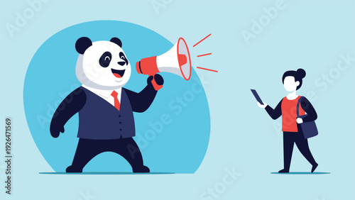 Panda in a suit using a megaphone to capture the attention of a young woman walking while looking at her phone.