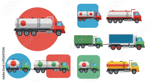 Various colorful illustrations of different types of tanker trucks on white background.