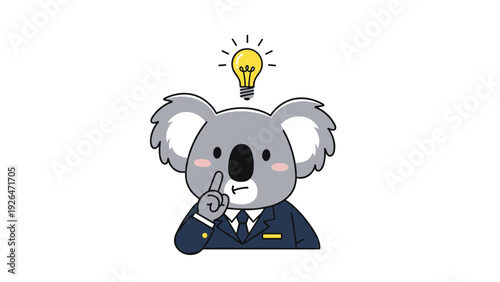 Clever koala character in a business suit holding a finger to its lips for silence while a glowing lightbulb signifies a new idea.