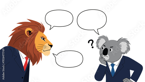 Confrontation between a lion and a koala both dressed in business suits with empty speech bubbles and a floating question mark.