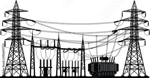 High Voltage Power Transmission Substation Silhouette Featuring Electricity Pylons, Transformers and Overhead Lines Industrial Energy Infrastructure Vector Illustration