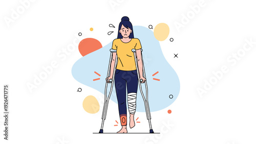 Injured woman using medical crutches to walk with a heavily bandaged leg and a pained expression on an abstract background.