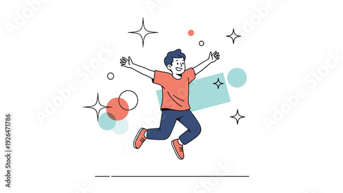 Happy young boy jumping enthusiastically in the air with arms outstretched surrounded by decorative stars and colorful shapes.