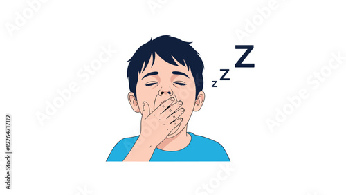 Tired young boy yawning deeply with his hand over his mouth and floating letter Z symbols indicating sleepiness or exhaustion.