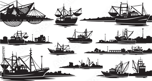 Silhouette of various fishing boats and cargo ships sailing