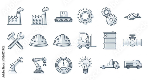 Industrial factory and manufacturing equipment icons in a line art style.
