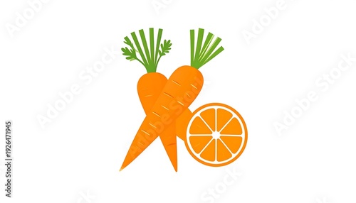 Graphic with two carrots and half a sliced orange, all in bright orange and green colors, against a clean white backdrop