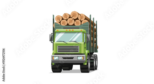 Green vector truck transports cut wooden logs, showcasing logging, forestry, and industrial themes on a clean white backdrop.