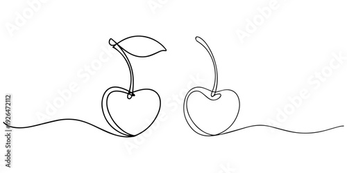 Continuous one line drawing cherry, Vector illustration, Black line art on white background, Cherry minimalistic design, Editable stroke on a white isolated background. Fruit vector illustration, Two 