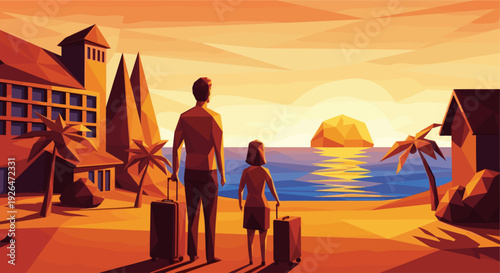 Man and woman arriving at a beach resort hotel with luggage, viewing the sunset in a retro, geometric style. Warm colors evoke relaxation and vacation vibes.