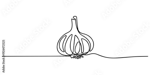 Garlic one line drawing. Garlic single line illustration. Garlic minimalist line art. Garlic vector art, Garlic bulb one line continuous drawing. Fresh organic vegetable. Vector illustration, One line