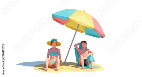 Low polygon art of a couple relaxing under a colorful beach umbrella on yellow sand, creating a summery, relaxing and vacation vibe for editorial or commercial use.