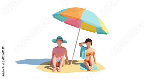Two women in swimwear sit on sand under a colorful umbrella in a low-poly, modern illustration style, casting cool shadows and evoking a summer beach vacation vibe.