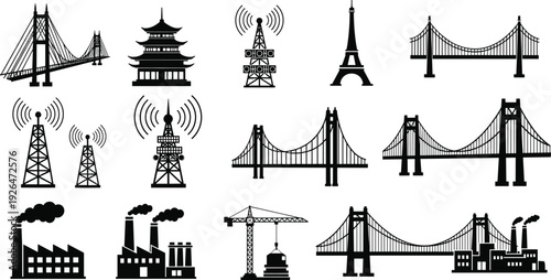 Industrial and architectural silhouette icon set featuring bridges, factory buildings, communication towers, Eiffel Tower, pagoda, and construction crane isolated on a white background