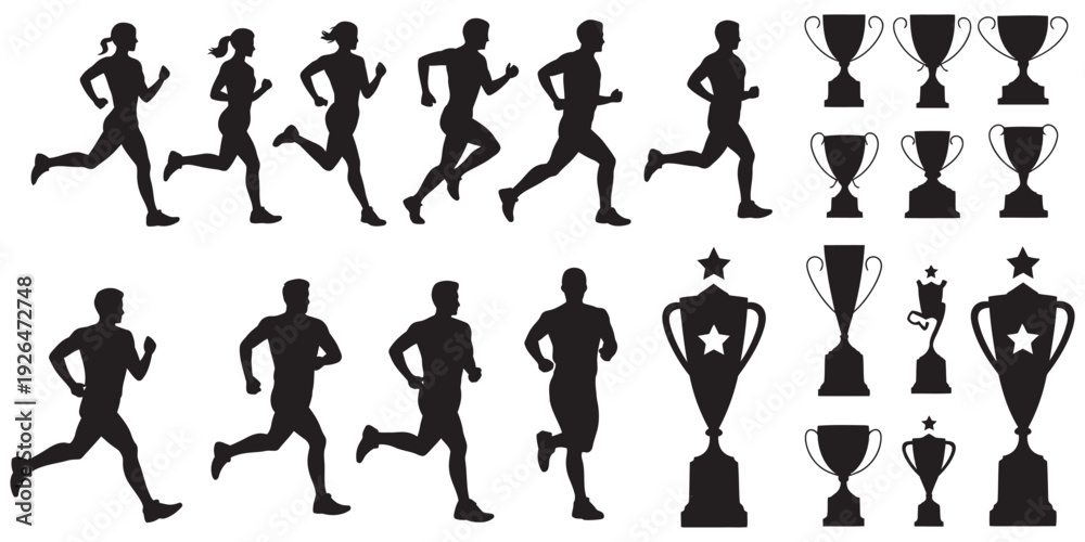 Fototapeta premium Silhouette sports and awards illustration set, diverse runners, trophies, medals, competition, fitness, athletic victory, exercise, marathon, success, vector design graphics