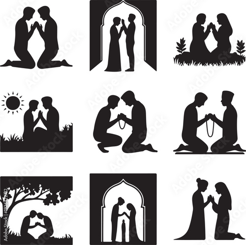 black silhouettes of people praying or meditating in various positions