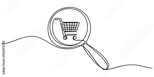 Continuous line drawing Shopping cart under a magnifying glass. Analysis of purchases icon vector illustration concept, magnifying glass with shopping cart continuous one line drawing, Continuous line