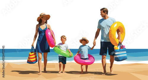 Geometric vector illustration of family with two kids walking on beach with swim rings. Bright colors, summery mood. Use for travel, family, or design concepts.