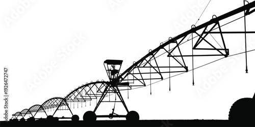 Agricultural irrigation system silhouette, center pivot sprinkler machine watering farmland field, flat vector illustration isolated