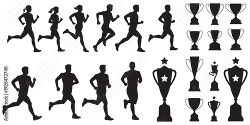 Silhouette sports and awards illustration set, diverse runners, trophies, medals, competition, fitness, athletic victory, exercise, marathon, success, vector design graphics