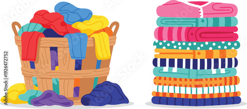 Laundry Basket with Colorful Clothes and Folded Fabric Stack Vector Illustration