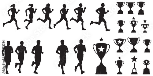 Silhouette sports and awards vector set, runners, trophies, medals, competition, fitness, athletic, exercise, marathon, success, achievement, healthy lifestyle graphics