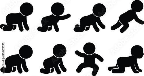 Baby crawling silhouettes set showing infant development stages, crawling, creeping and early movement poses, isolated on white background