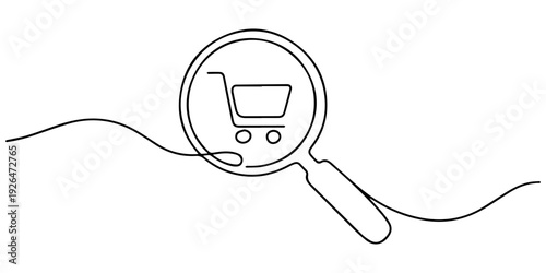Continuous line drawing Shopping cart under a magnifying glass. Analysis of purchases icon vector illustration concept, magnifying glass with shopping cart continuous one line drawing, Continuous line