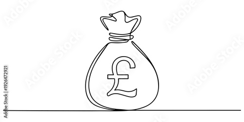 continuous line drawing of money bag, pound sterling icon, currency symbol, investment icon, banking sign, banking cash. vector, Money bag with pound sterling sign continuous one line drawing concept.