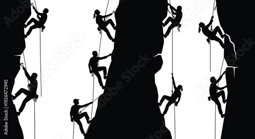 Rock Climbing Silhouette Set Featuring Multiple Climbers Rappelling and Ascending Steep Cliff Faces with Rope Safety Gear Vector Illustration Collection