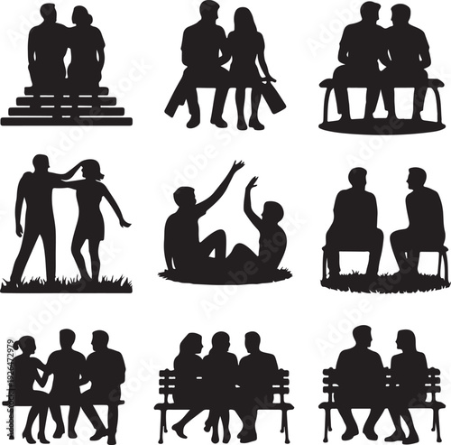 black silhouettes of people in various social interactions and poses