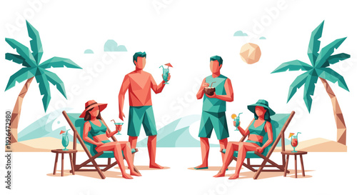 An illustration of two couples relaxing on a tropical beach vacation, enjoying refreshing cocktails and sunshine in a stylized, geometric design. Perfect for travel or vacation ads.