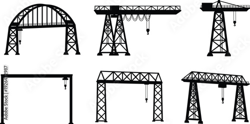Industrial gantry crane silhouettes set featuring heavy duty overhead lifting equipment for shipping ports construction sites manufacturing plants logistics warehouses and civil engineering projects