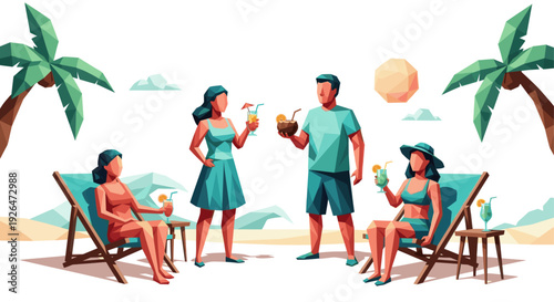 Geometric illustration of people relaxing on a beach with cocktails. Perfect for summer, vacation, and lifestyle content. Low polygon style.