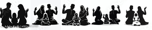 vector silhouette of a Muslim family sitting waving their hands