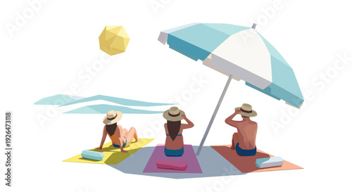 Stylized illustration of three people sunbathing on beach towels under a beach umbrella, enjoying a relaxing day, depicted in a minimalist, low-poly vector style.
