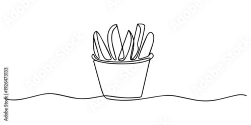 potato wedges in a paper cup continuous line drawing, French fries in paper cup thin line icon isolated on white. Potato finger chips in disposable packing, Ink drawing of a paper cup filled with fren