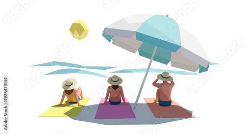 Three people wearing hats relaxing under a beach umbrella in a stylized abstract setting with the sun, sea, and colorful towels, conveying summer relaxation.