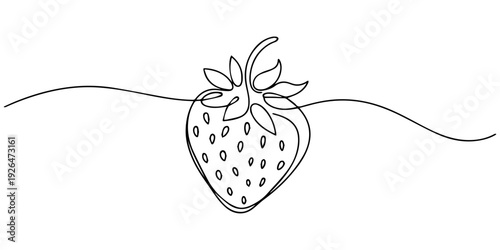 Strawberries continuous one line drawing minimalist style vector illustration, Strawberry in one line art style. Drawing of a ripe berry with leaves, made by a continuous line with editable black pro.